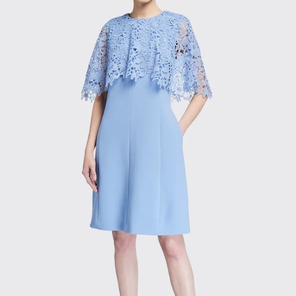 Lela Rose‎ Sky Crepe wool blend Tunic Dress with Lace Capelet pockets blue